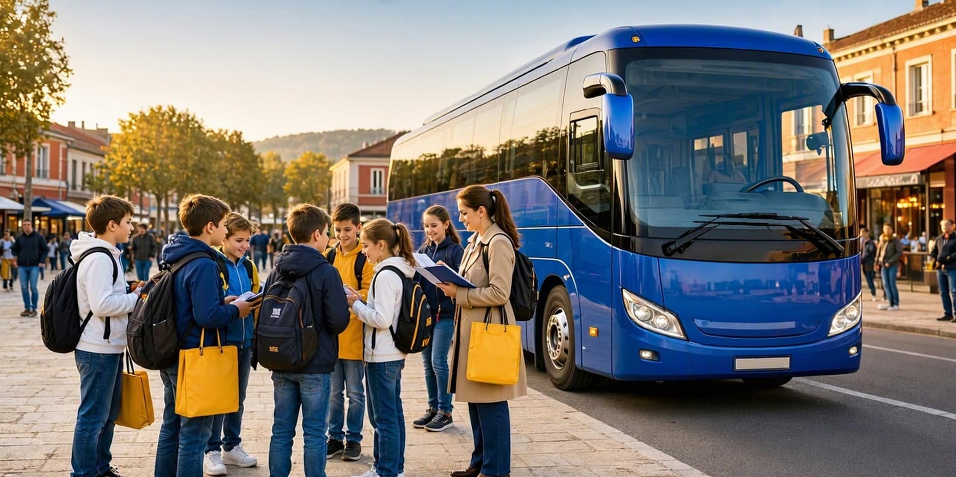 Diákok és tanárnő különjáratú autóbusz osztálykirándulás előtt