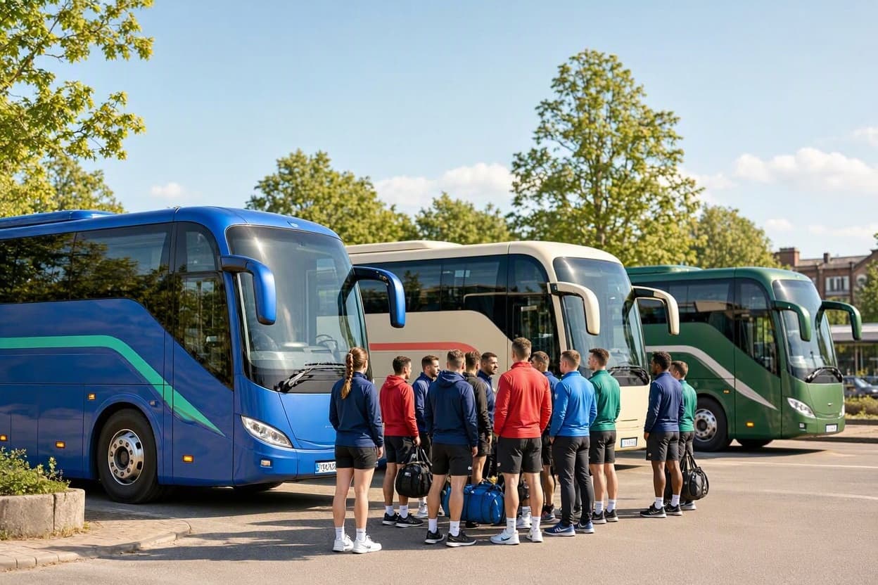 Sportcsoport különjáratú autóbusz előtt