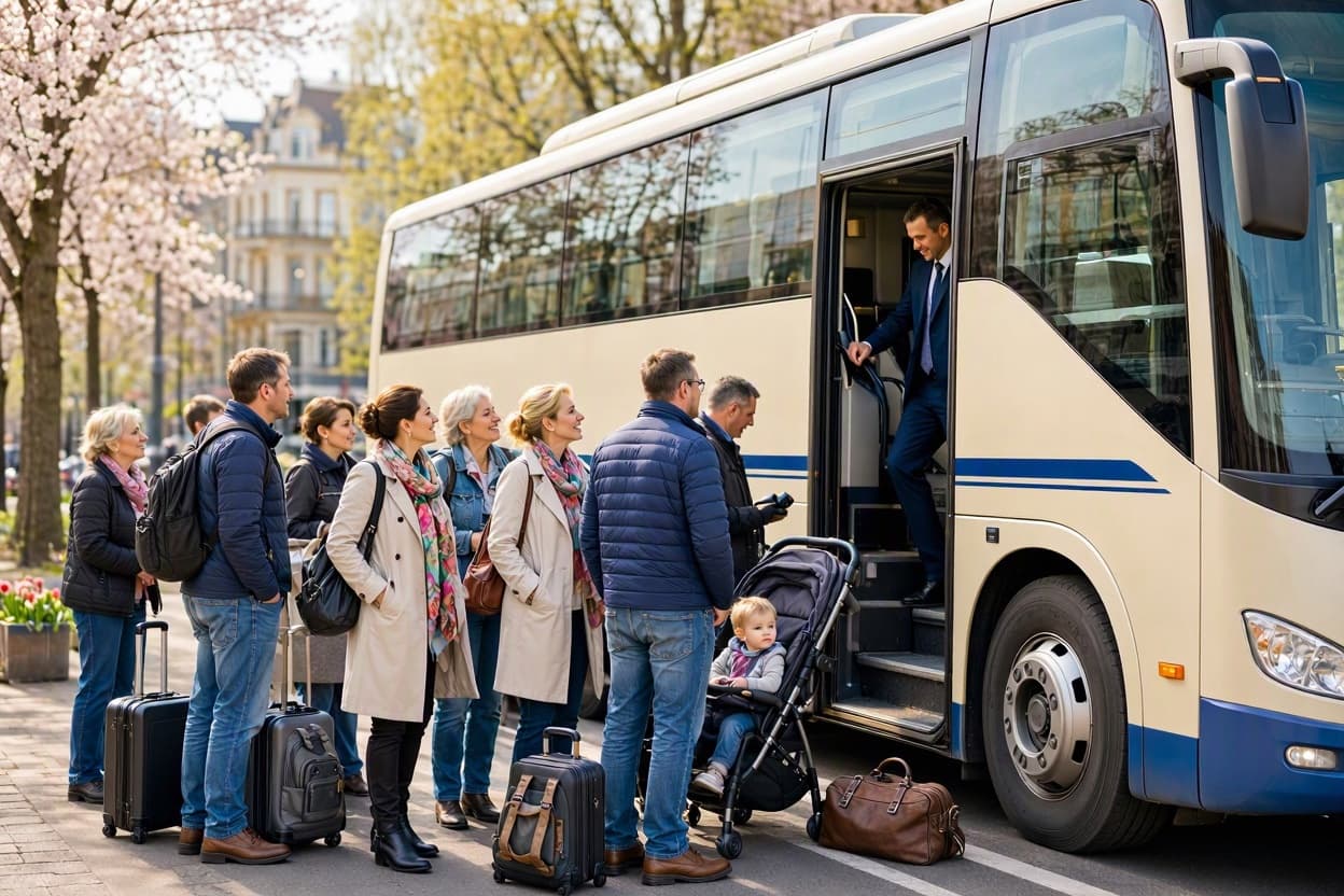 Turista csoport különjáratú autóbusz előtt